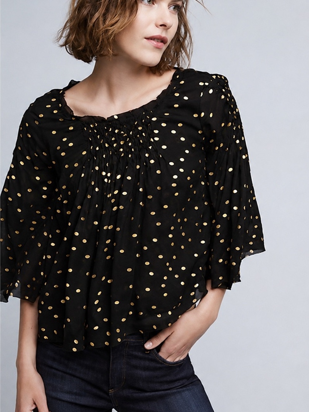 Anthropologie Floreat Black & Gold Smocked Peasant Top Boho Feminine Size M